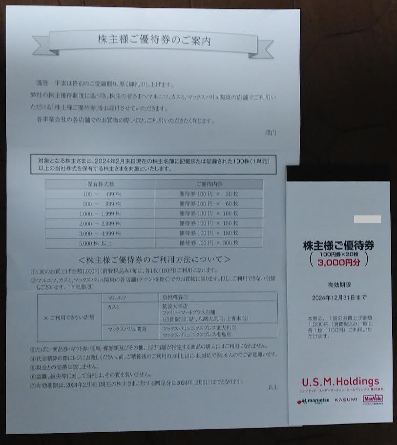 USMHの株主優待券到着