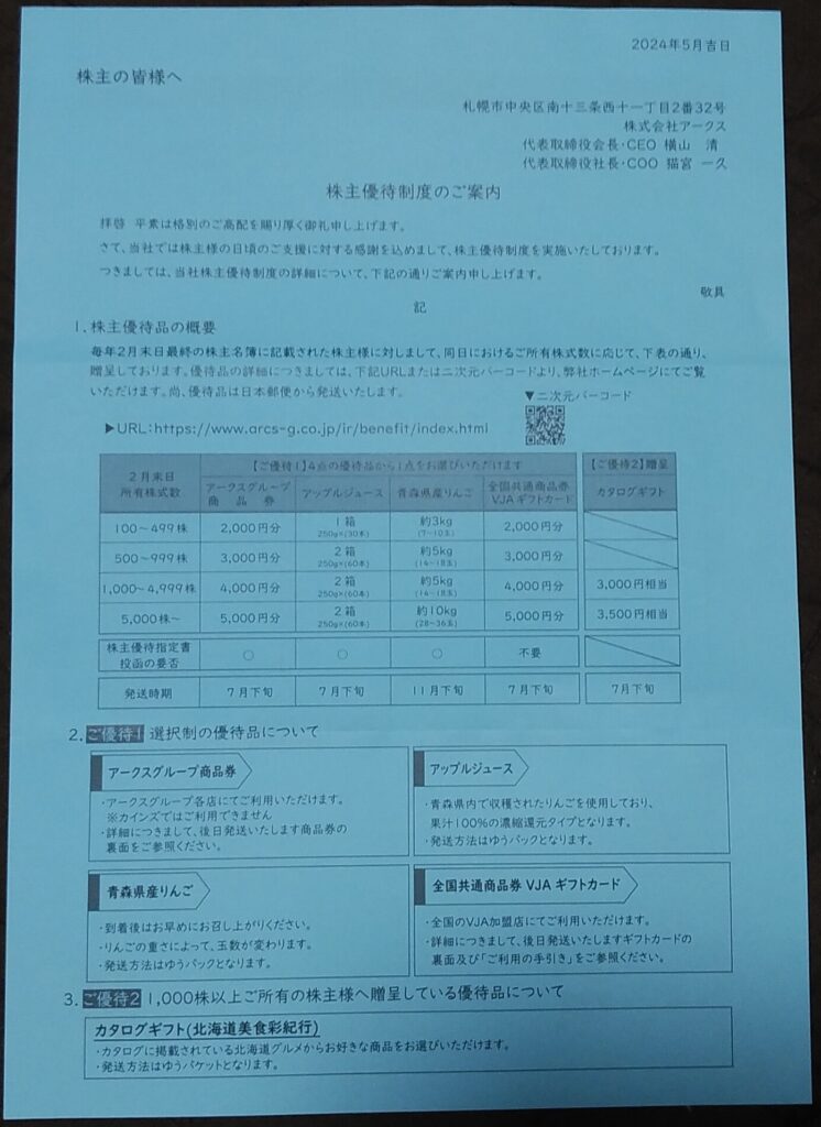 アークスから株主優待のお知らせ