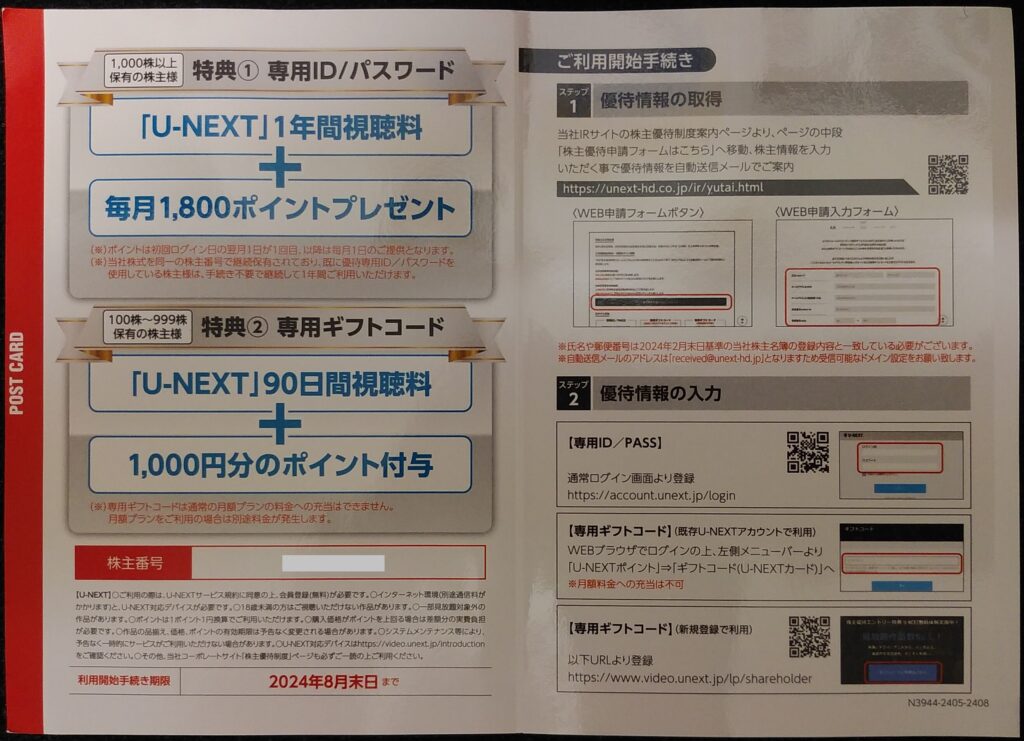 U-NEXT HOLDINGS の株主優待